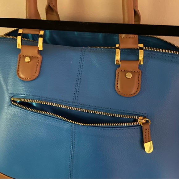 Joy Iman• large bright blue brown accent handle shoulder hand bag - Picture 8 of 8
